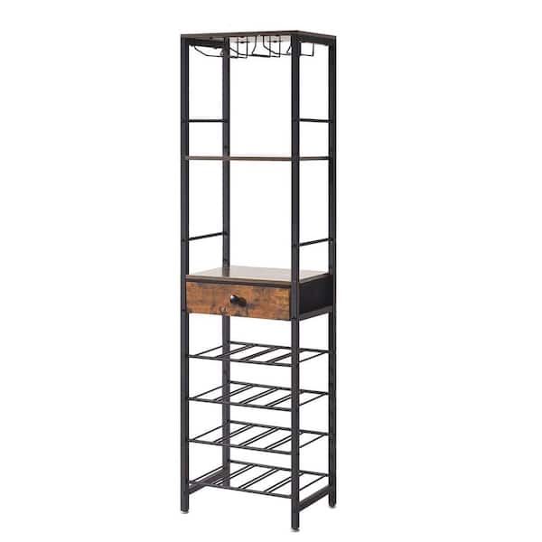 Rustic Brown Freestanding Floor Wine Glass Rack 4 Tier Storage Shelves with Drawer for Home Bar Kitchen