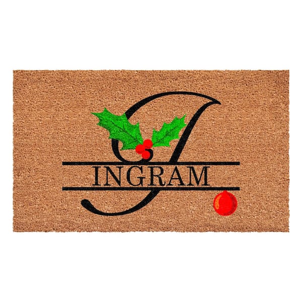 Christmas Holly 48 in. x 30 in. Coir Monogrammed Letter I Door Mat