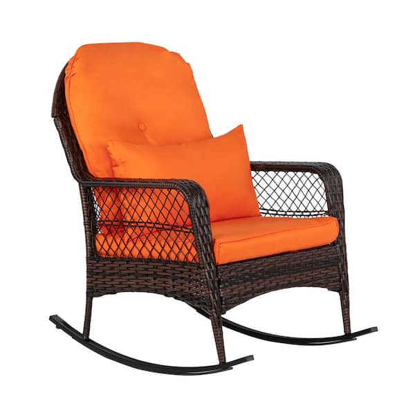 SUNMTHINK Wicker Outdoor Rocking Chair Set Outdoor Swivel Chairs with Orange Cushions