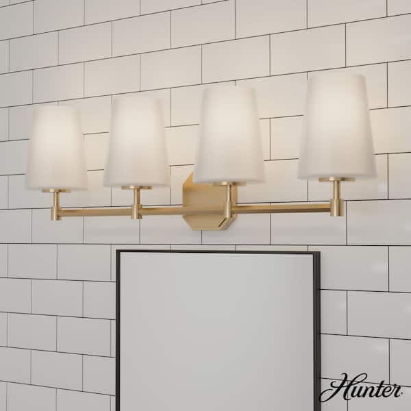 Hunter Nolita 30 in. 4-Light Alturas Gold Vanity Light with Cased White Glass Shades