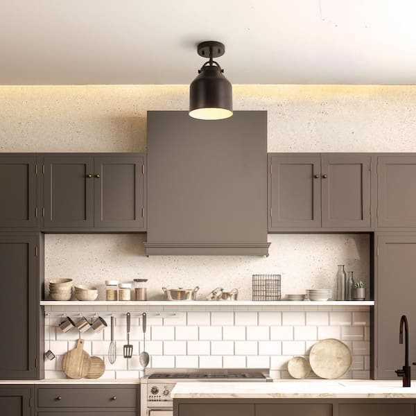 7 in. 1-Light Matte Black Flush Mount Ceiling Light with Black Metal Shade