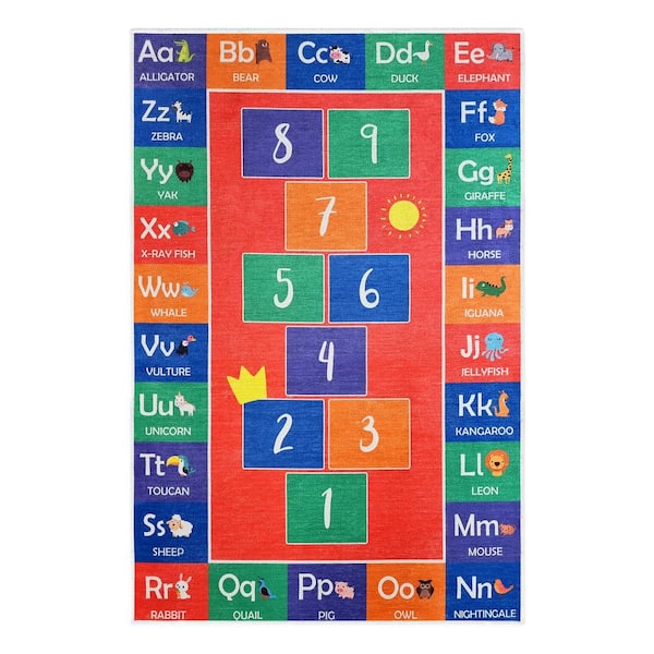 SUSSEXHOME Hopscotch Red 39.5 in. x 59 in. Cotton Washable Educational for Kids Room Area Rug