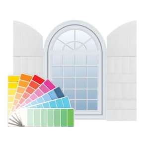14 in. W x 89 in. H Vinyl Exterior Arch Top Joined Board and Batten Shutters Pair in Paintable