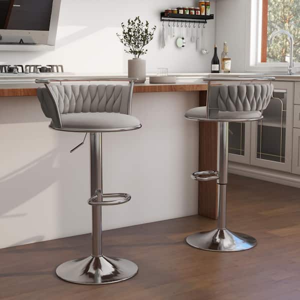 Uixe 38.7 in. Swivel Adjustable Height Low Back Silver Metal Frame Bar Stool with Gray Velvet Seat Cushion (set of 2)