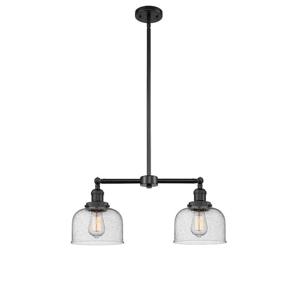 Bell 60-Watt 2-Light Matte Black Shaded Pendant Light with Seeded Glass Seeded Glass Shade