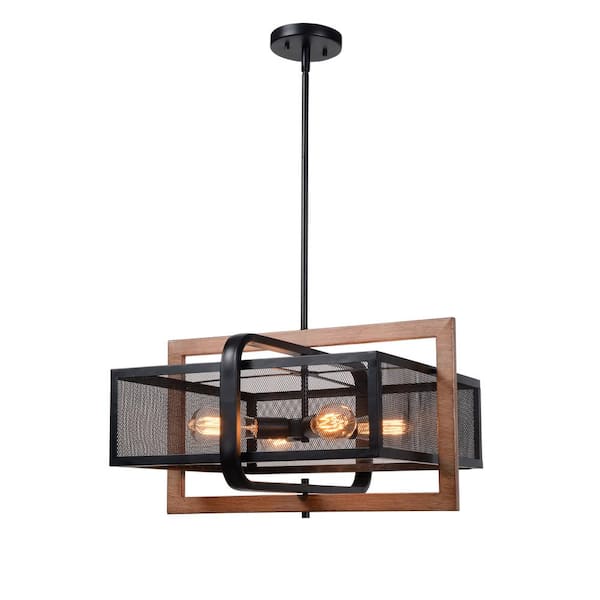 Manor Brook Elroy 4-Light Black and Wood Grain Pendant