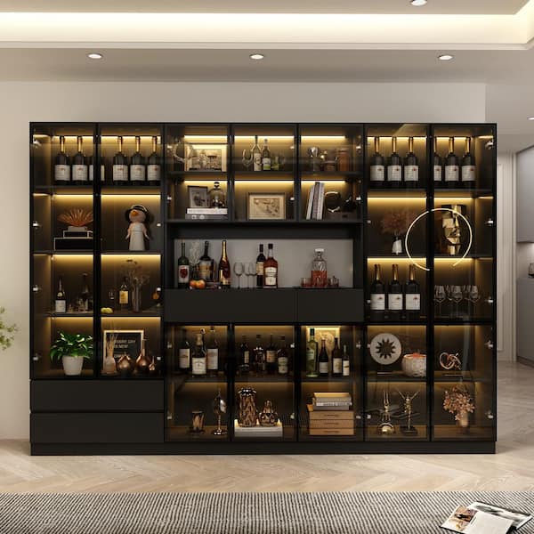 30-Shelf Wood Standard Bookcase Combo Bookshelf W/Tempered Glass Doors, LED Lights, Drawers (110.2 in. W x 78.7 in. H)