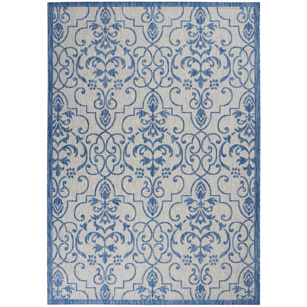 Ivory & Blue Classic Scroll 7' x 10' Synthetic Outdoor Rug