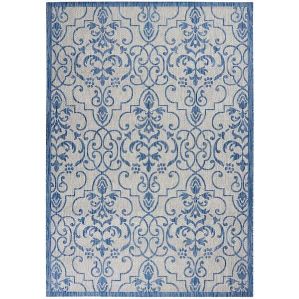 Nourison Garden Party Ivory/Blue 7 ft. x 10 ft. Bordered Transitional Indoor/Outdoor Patio Area Rug