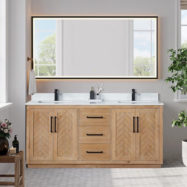 Altair Anais 72 in. W x 22 in. D x 33 in. H Double Sink Bath Vanity in Brown with White Engineered Stone Top and Mirror