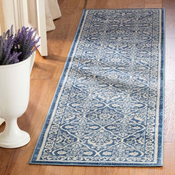 Brentwood Navy/Light Gray 2 ft. x 10 ft. Geometric Floral Border Runner Rug