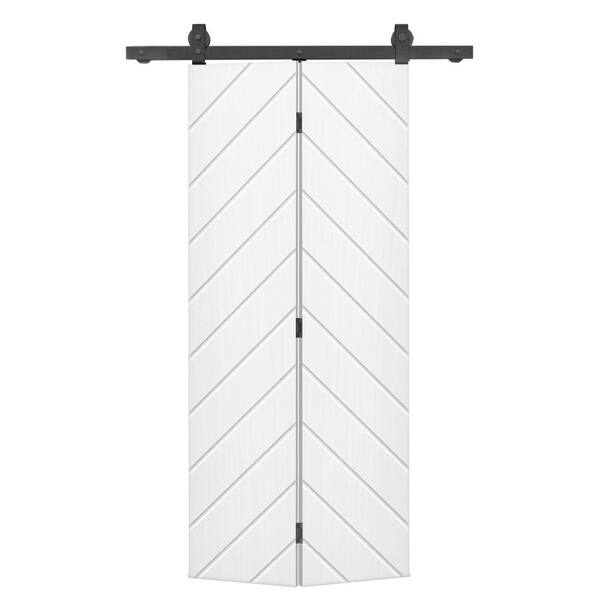 CALHOME Herringbone 20 in. x 84 in. Hollow Core White Painted MDF Composite Bi-Fold Barn Door with Sliding Hardware Kit