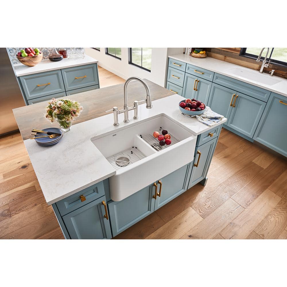 White Stone Double Bowl Farmhouse Kitchen Sink, 33-inch