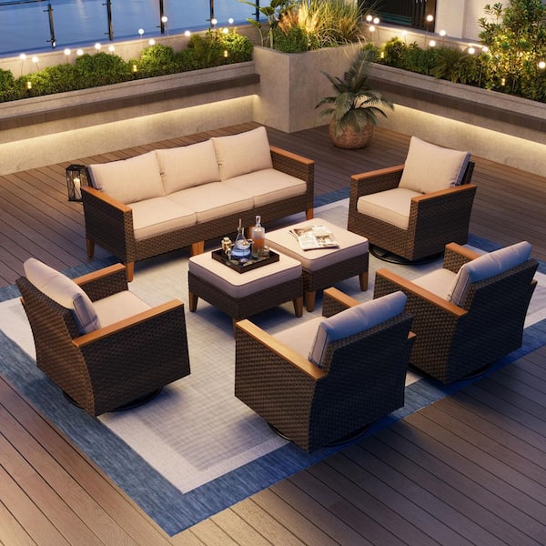PHI VILLA Brown Wicker Rattan 9 Seat 9-Piece Steel Outdoor Patio Conversation Set with Beige Cushion 4 Swivel Sofas and 2 Ottomans