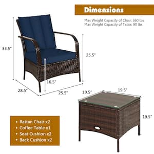 3-Pieces Patio Conversation Rattan Furniture Set with Tempered Glass and Navy Blue Cushions