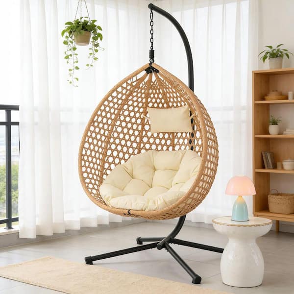 Coporesell Brown Metal Hammock Chair Durable Hanging Egg Outdoor Rattan Weaving Chair with Stand and Beige Cushion