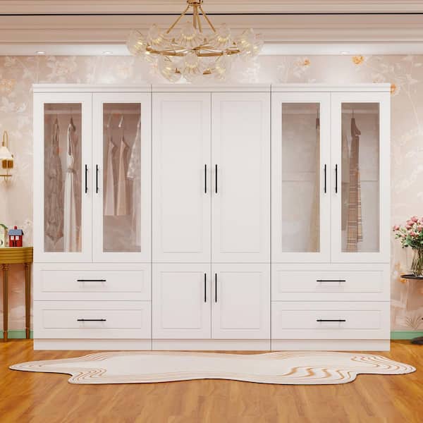 White Wood 94.5 in. Armoire with 4 Drawers and 8 Doors