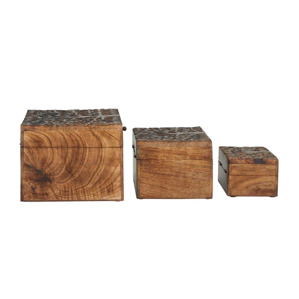Rustic Hand-Carved Mango Wood Lidded Boxes Set of 3