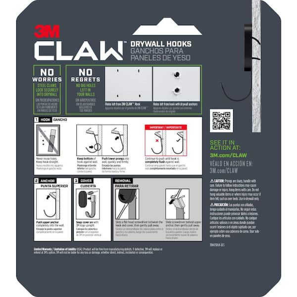 3M CLAW 3.3 in. H Steel Silver 15 lbs. Load Capacity Drywall Hook  3DH15SLV-1ES - The Home Depot