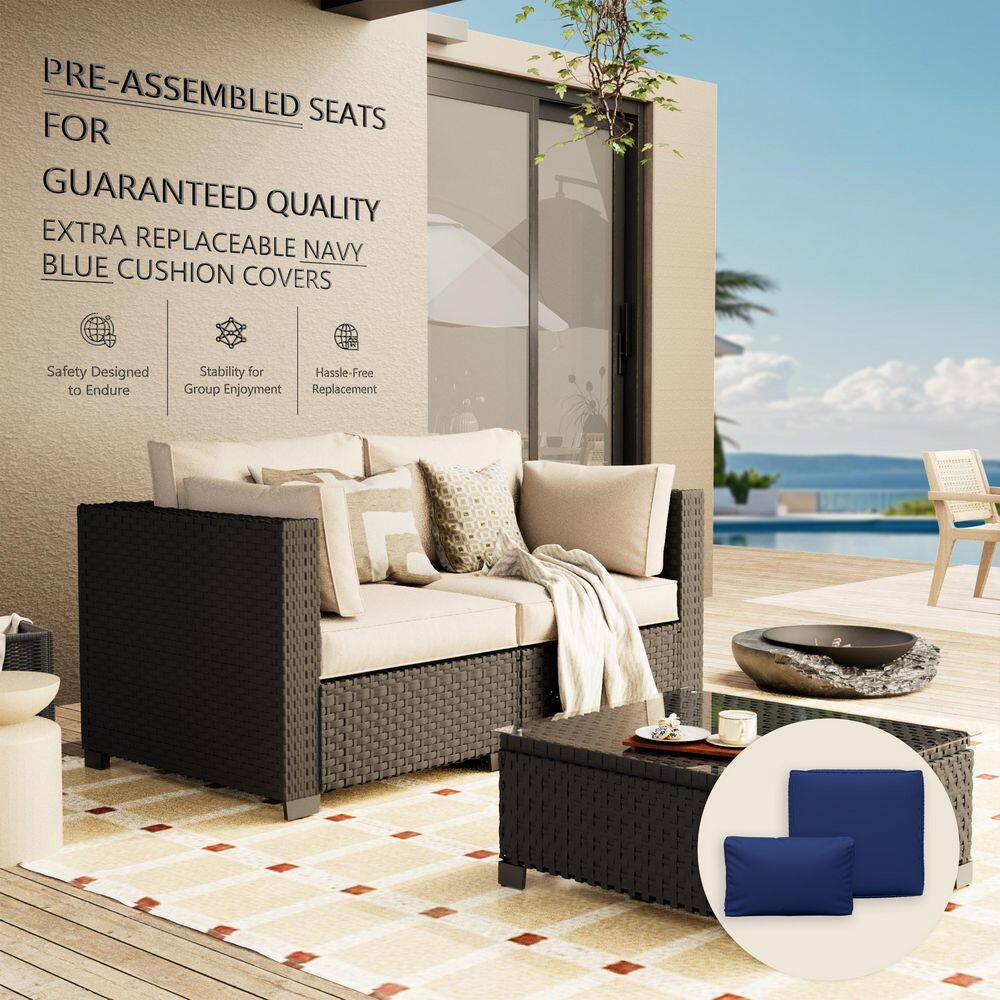 3-Piece Wicker Rattan Outdoor Patio Conversation Seating Set w/ Coffee Tables, Beige and Blue Cushion (2-Seats) price history on PriceWatchPro