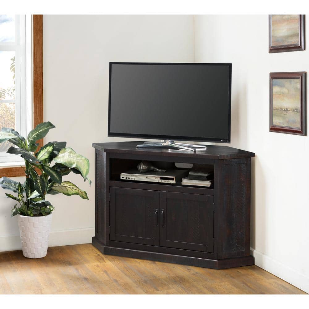 Espresso Rustic Solid Pine Corner TV Stand with Cabinet
