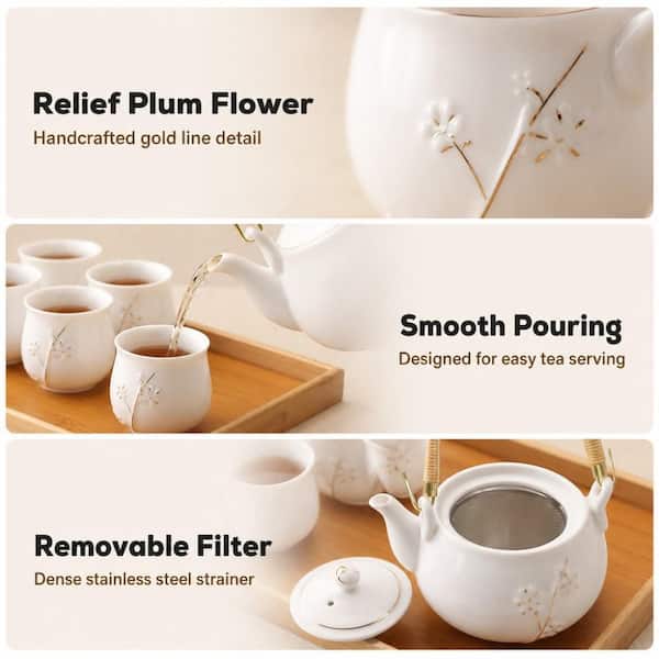 Numhew 9-Piece 6-Cup White Porcelain Teapots Set with 1-Teapot, 6
