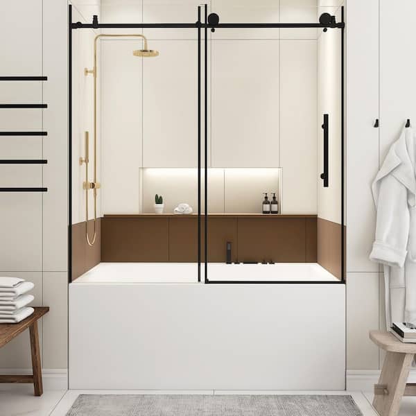 60 in. W x 60 in. H Sliding Tub Door in Matte Black with Clear Tempered Glass