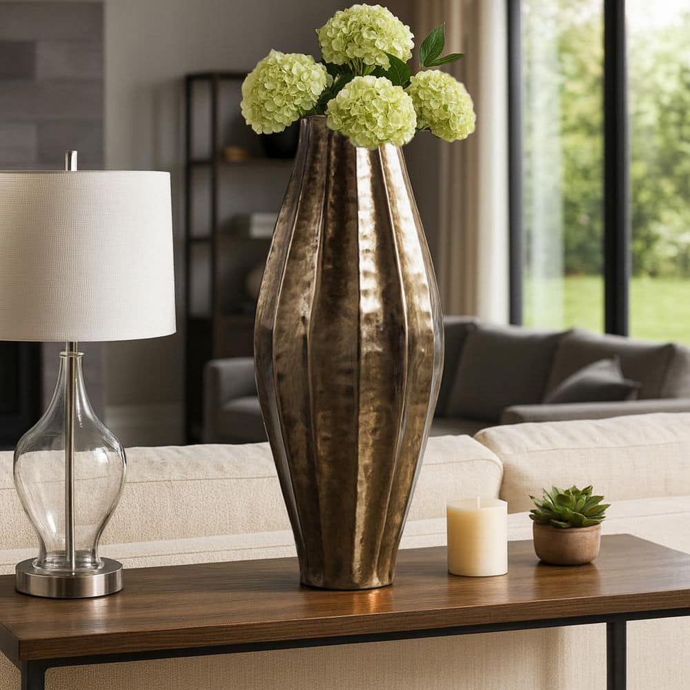 Liv & Skye 27 in. Gold Metal Modern Hammered Tall Decorative Vase
