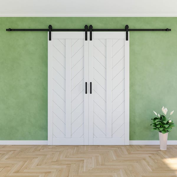60 in. x 84 in. White Finished Solid Core MDF Herringbone Shape Sliding Barn Door Slab with Hardware Kit and Soft Close