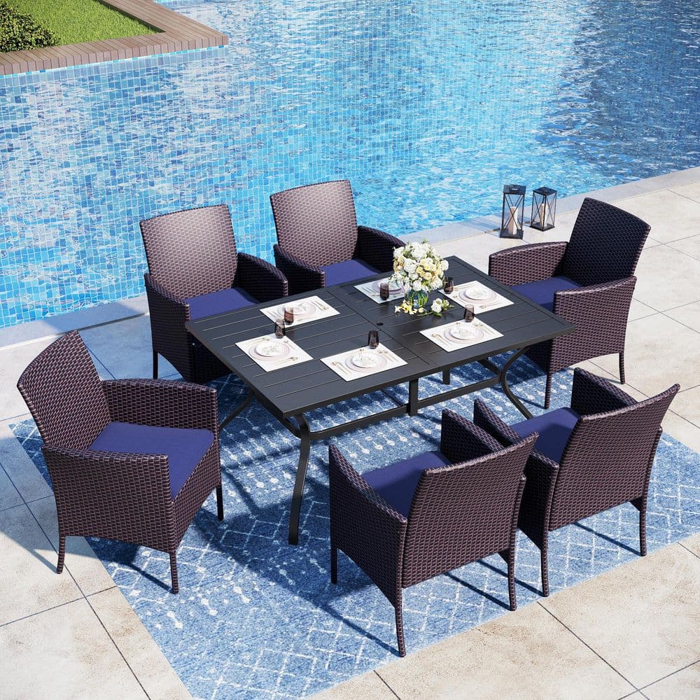 7-Piece Black Metal Patio Outdoor Dining Set with Slat Rectangular Table and Rattan Chairs with Blue Cushion price history on PriceWatchPro