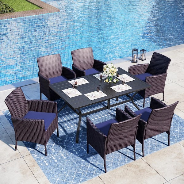 PHI VILLA 7-Piece Black Metal Patio Outdoor Dining Set with Slat Rectangular Table and Rattan Chairs with Blue Cushion