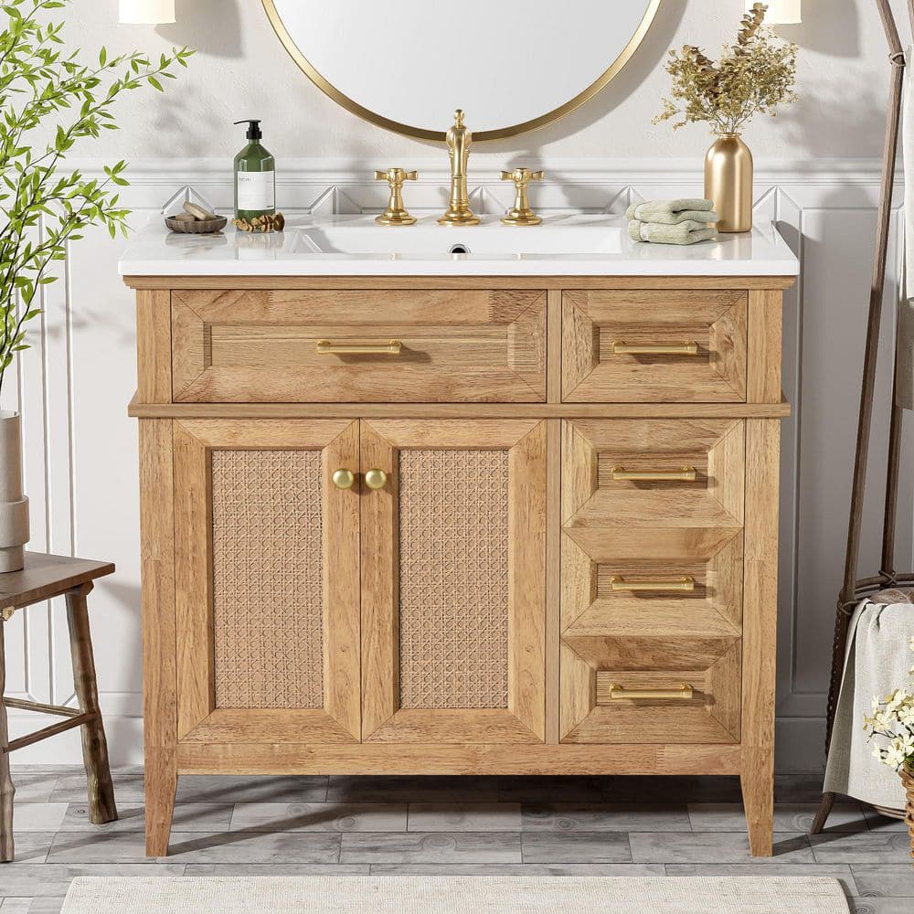 FAMYYT 36 in. W Single Sink Freestanding Solid Rubberwood Frame Bath ...
