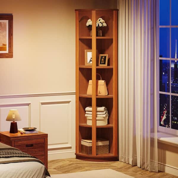 AFLUI 5-Tier Corner Shelf With LED Light & Fabric Drawer – 67" Tall Narrow Bookshelf For Small Spaces, Rustic Brown, For Living Room, Bedroom, Study - View #9