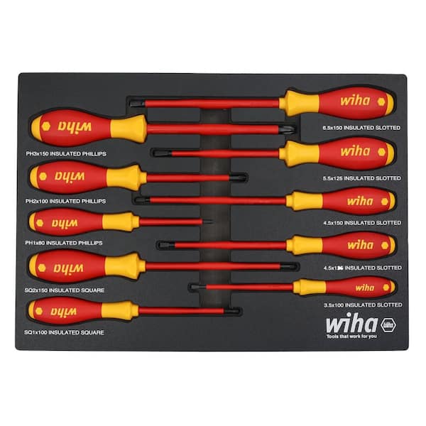 10-Piece Insulated Soft Finish Screwdriver Tray Set Includes Slotted, Phillips, Square Tip
