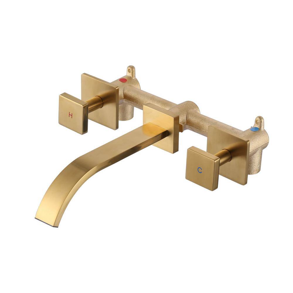 Brushed Gold Double Handle Wall Mounted Bathroom Faucet