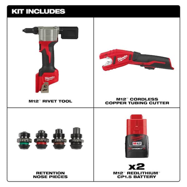 M12 12-Volt Lithium-Ion Cordless Rivet Tool Kit with (2) 1. 5Ah Batteries and Charger with Copper Tubing Cutter
