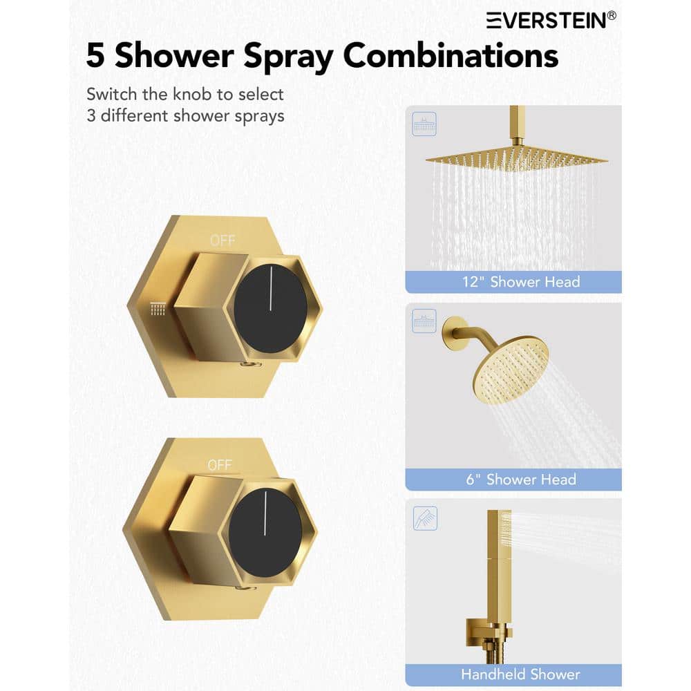 Brushed Gold Thermostatic Dual Showerhead System with Handheld Spray