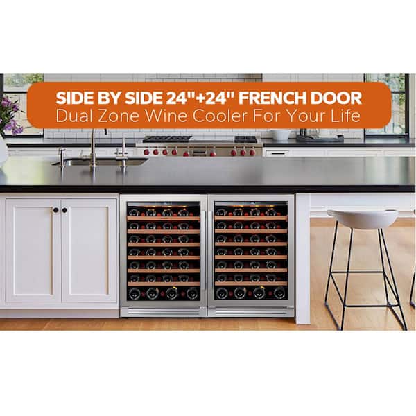 48 in. Dual Zone Cellar Cooling Unit 108-Bottles Built- in Wine Cooler Side-by-Side Refrigerator Mini Fridge in Black