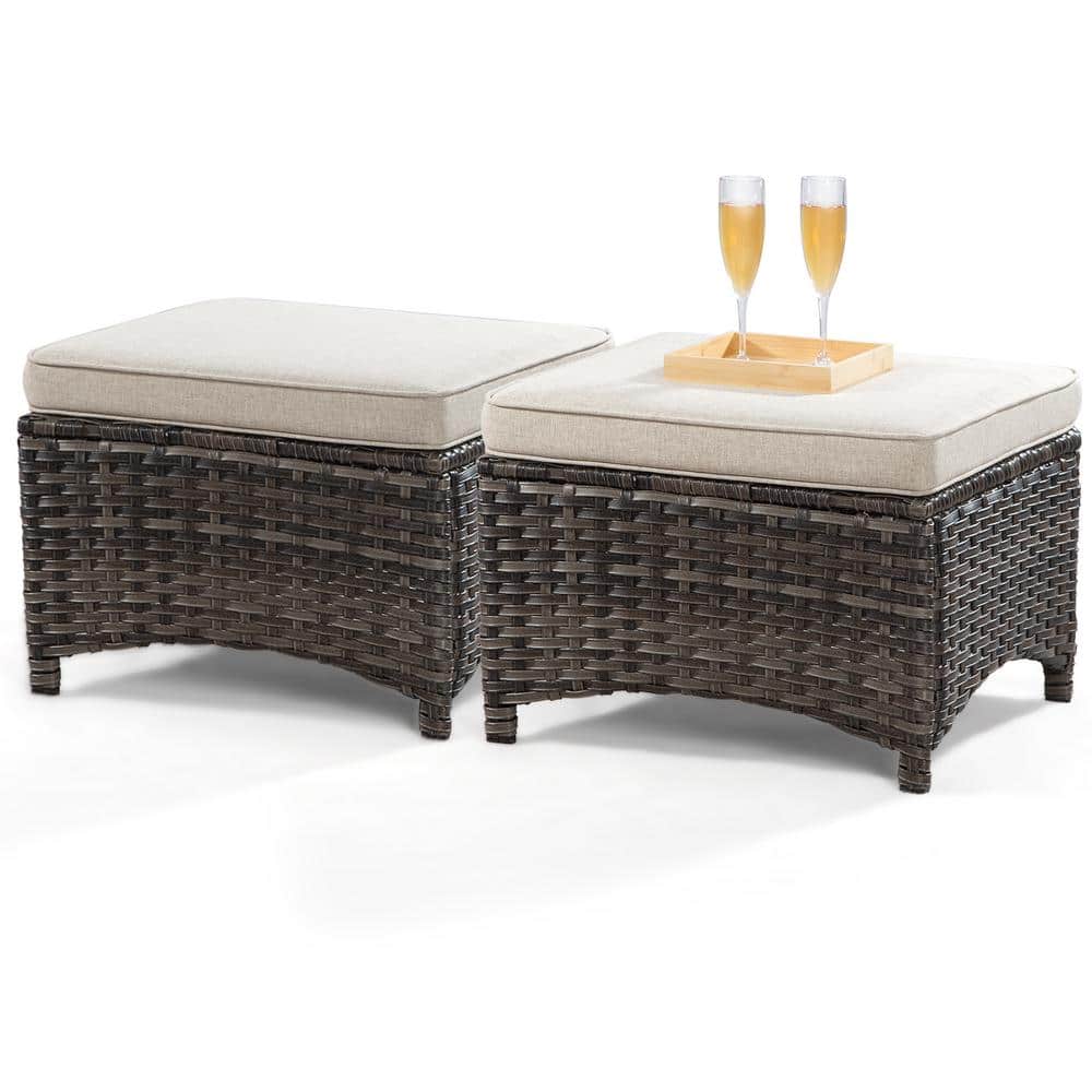 Beige Cushioned Wicker Outdoor Patio Ottoman Set with Steel Frame