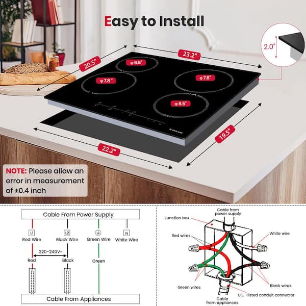 24 in. Radiant Electric Cooktop Smooth Ceramic Glass with 4-Elements in Black