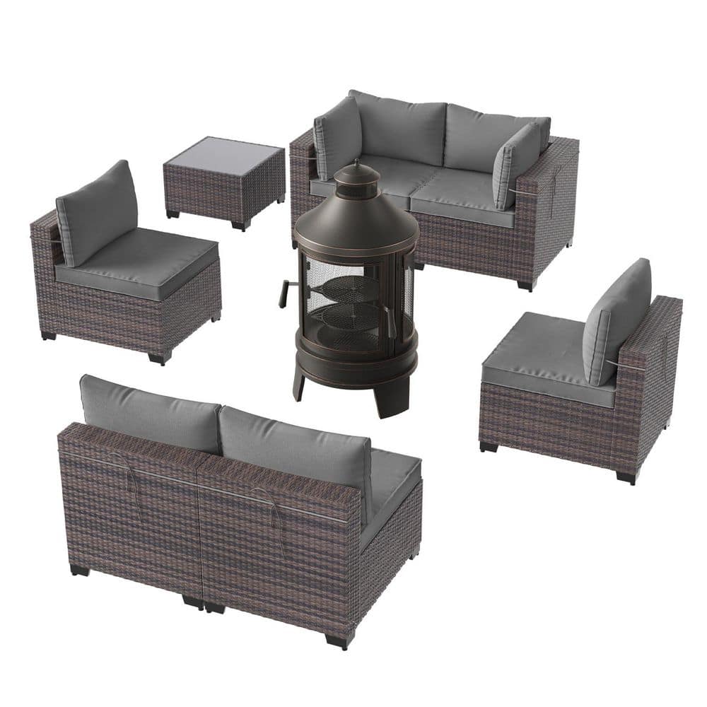 8-Piece Wicker Patio Fire Pit Seating Set with Adjustable Grill Tray, Mesh Spark Screen Door and Cushion Gray price history on PriceWatchPro