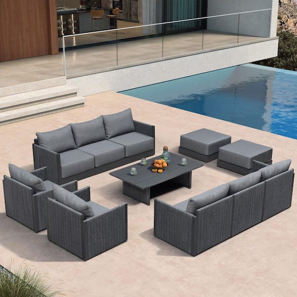 11 Pieces Patio Conversation Sets with Coffee Table All Weather Outdoor Couch Sectional Set with Cushion Gray