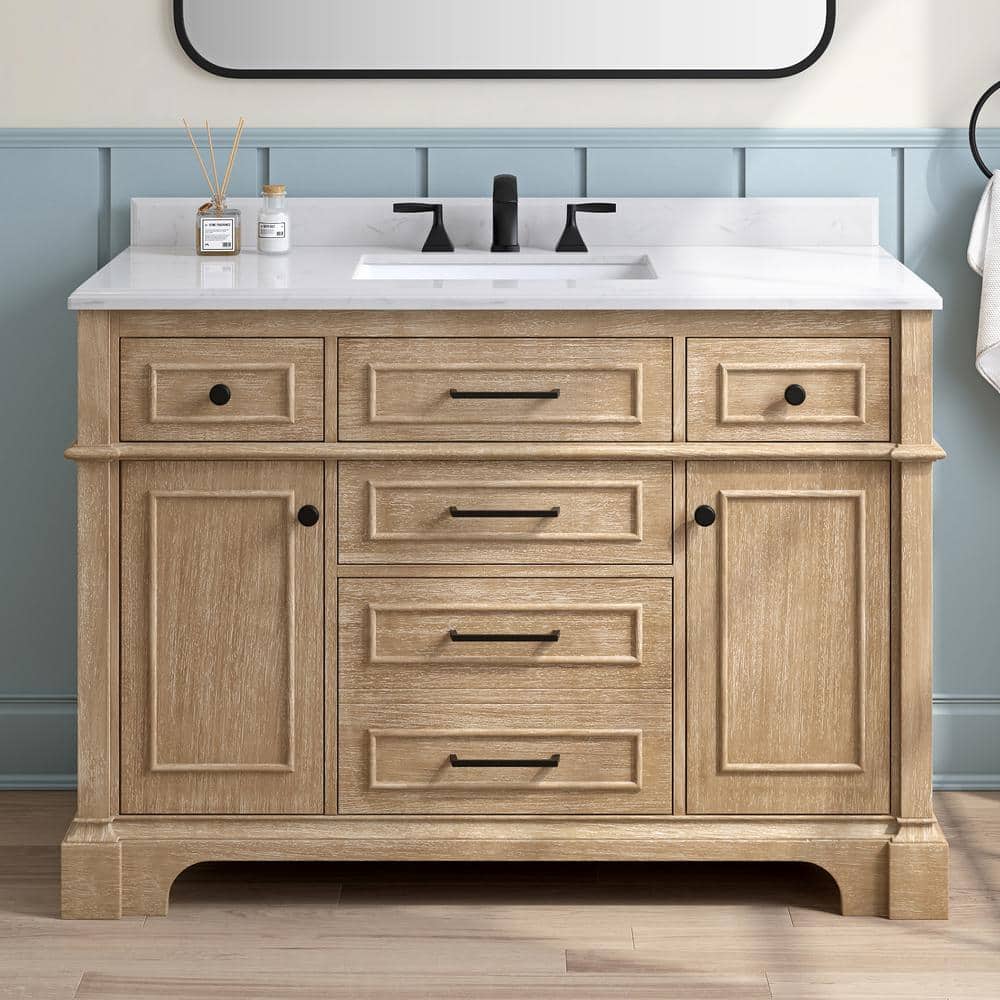 Melpark 48 in. Single Sink Antique Oak Bath Vanity with White Engineered Marble Top (Assembled), image size:1000x1000