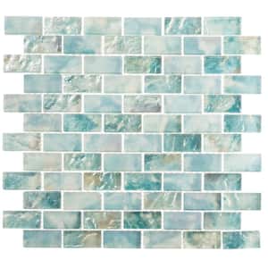 Zalo Celest Light Blue/Blue-Green 4.5 in. x 8.25 in. Textured Glass Brick Joint Mosaic Tile Sample