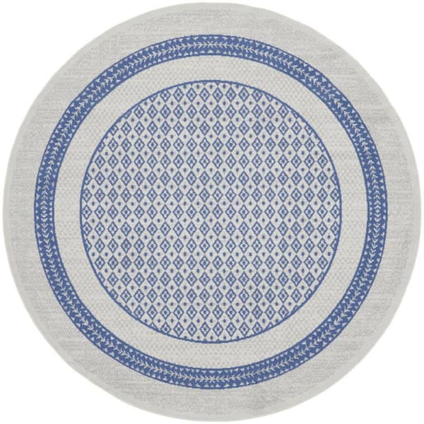 8 ft. Round Blue Geometric Washable Area Rug