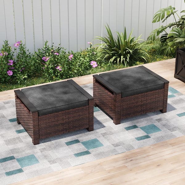 Sonkuki 2-Piece Metal Outdoor Ottomans All-Weather Brown Wicker Solution-Dyed Fabric Black Cushion