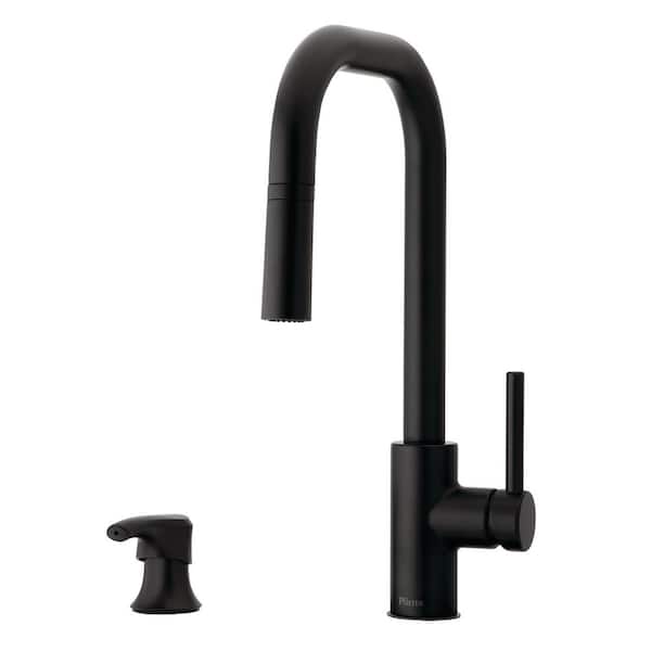 Pfister Zanna Single Handle Pull Down Sprayer Kitchen Faucet with Deckplate and Soap Dispenser in Matte Black