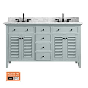 Fallworth 61 in. W x 22 in. D x 35 in. H Double Sink Freestanding Bath Vanity in Light Green with Carrara Marble Top