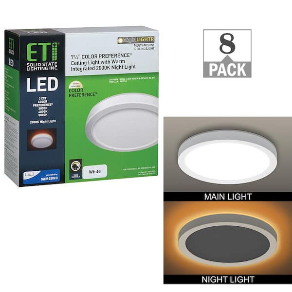 ETI LIGHTING 7.5 in. White Round LED Flush Mount Ceiling Light with Night Light Feature 800 Lumens 12W Adjustable CCT (8-Pack)