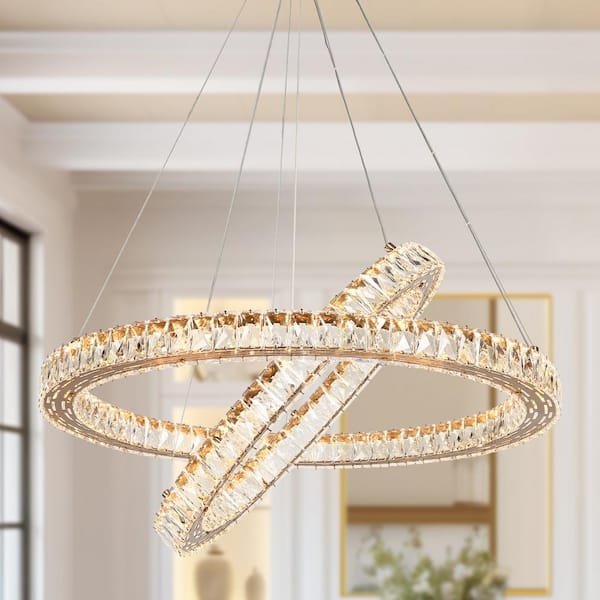 LNC Metorcalipia 2-Light Integrated LED Plating Brass 2-Tier Circle Island Chandelier with Crystals